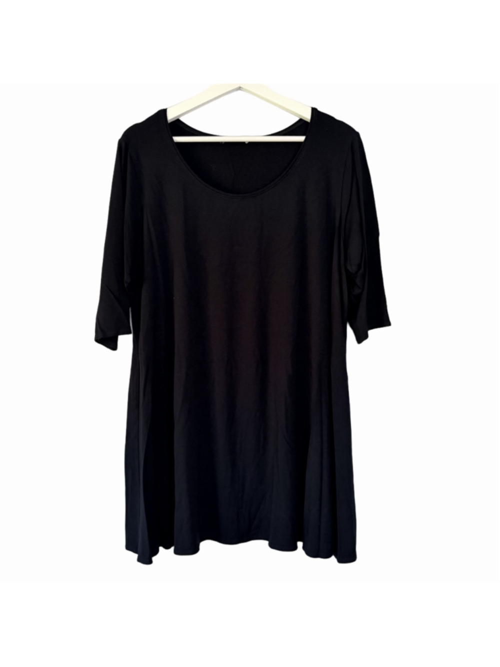 Eileen Fisher Black Scoop Neck Elbow Sleeve Tunic Top Minimalist Elevated Basic